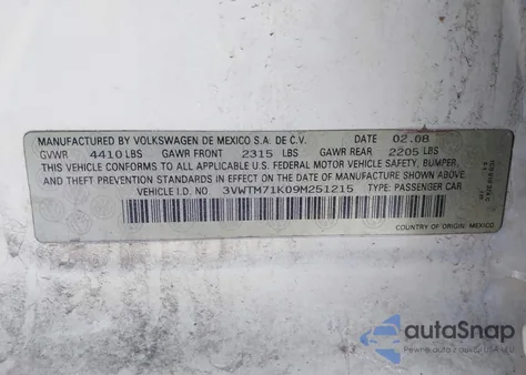 2009 Volkswagen Jetta 2.5L Se из США, поврежденный, VIN 3VWTM71K09M251215